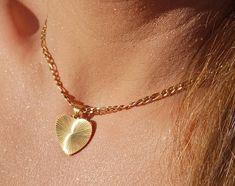 18K Gold Filled Vintage Heart Necklace, Striped Heart Pendant, Sunburst Heart Rectangle Pendant Necklace, Gift for Her, mothers day gift