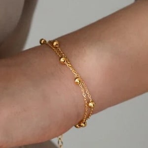 Minimalist 18k Gold Bead Chain Bracelet: Double Layered Anklet