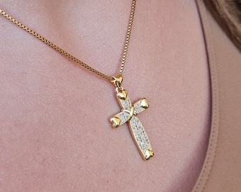 18K Gold Filled Cross Pendant, Stainless Steel Chain