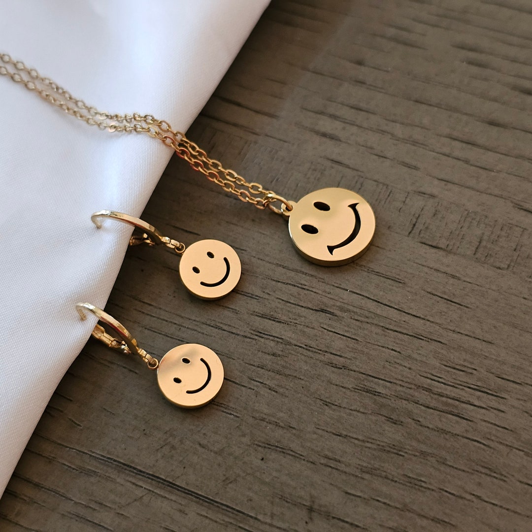 18K Gold Filled Smiley Face Necklace and Earrings Set, Stainless Steel