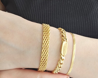 Gold Vintage Mesh Bracelet, Stainless Steel Cuban Link Chain, Waterproof