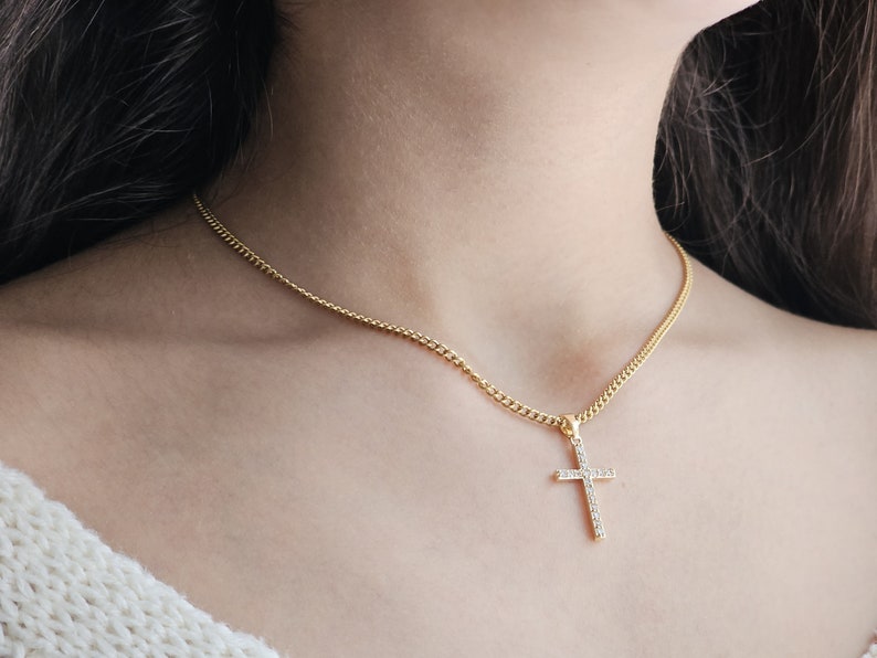 18K Gold Filled Cross Pendant Chain Necklace, Stainless Steel Gold