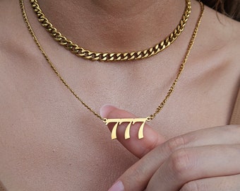 18K Gold Filled Personalized Angel Number Necklace Stainless Steel Pendant Chain Customized Lucky Number Necklace 777 Necklace Gift for Her