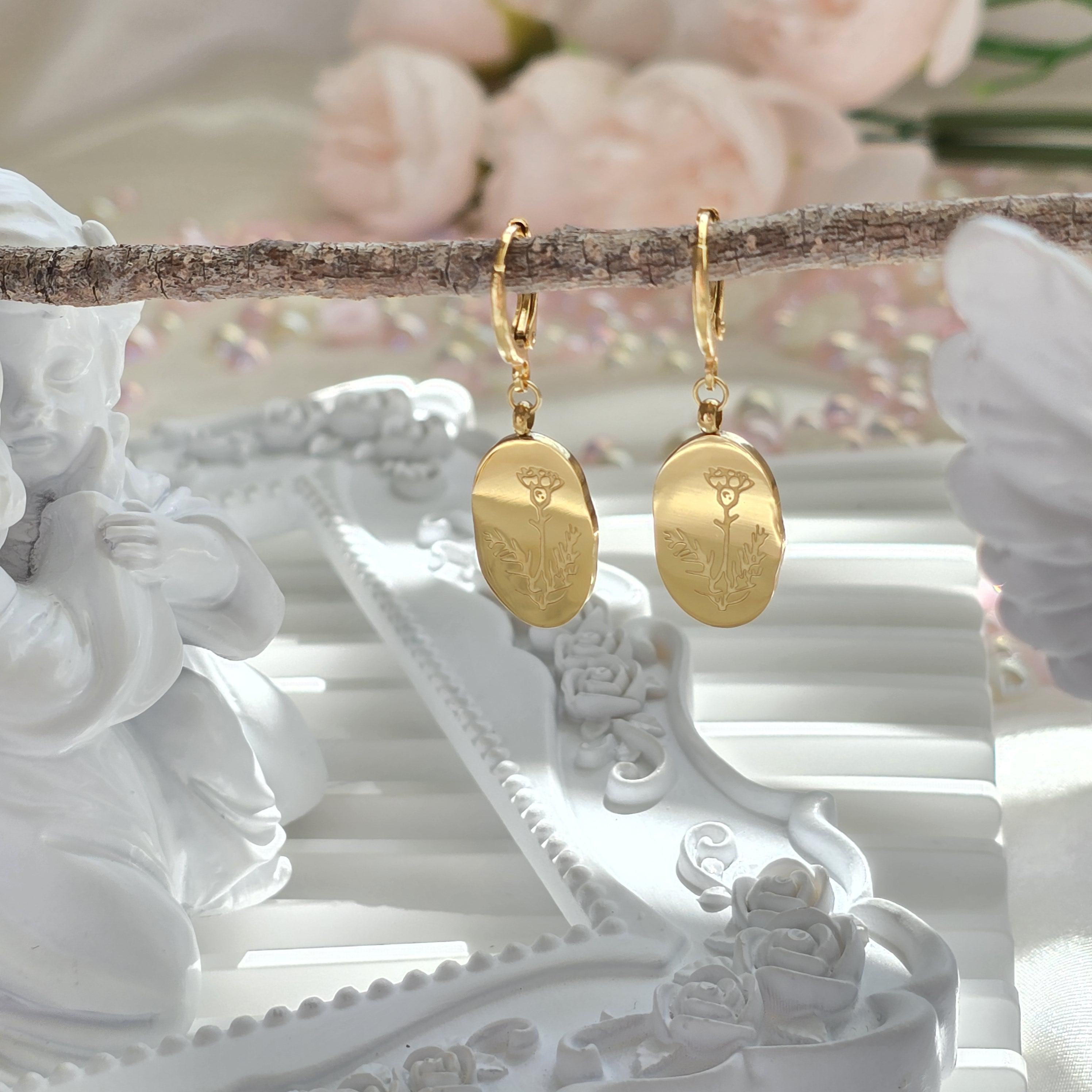 Oval Birth Flower Earrings, Custom Gold Earrings, Stainless Steel Birth Month Jewelry, Birth Flower Jewelry, Christmas Gift, Gift for Mom