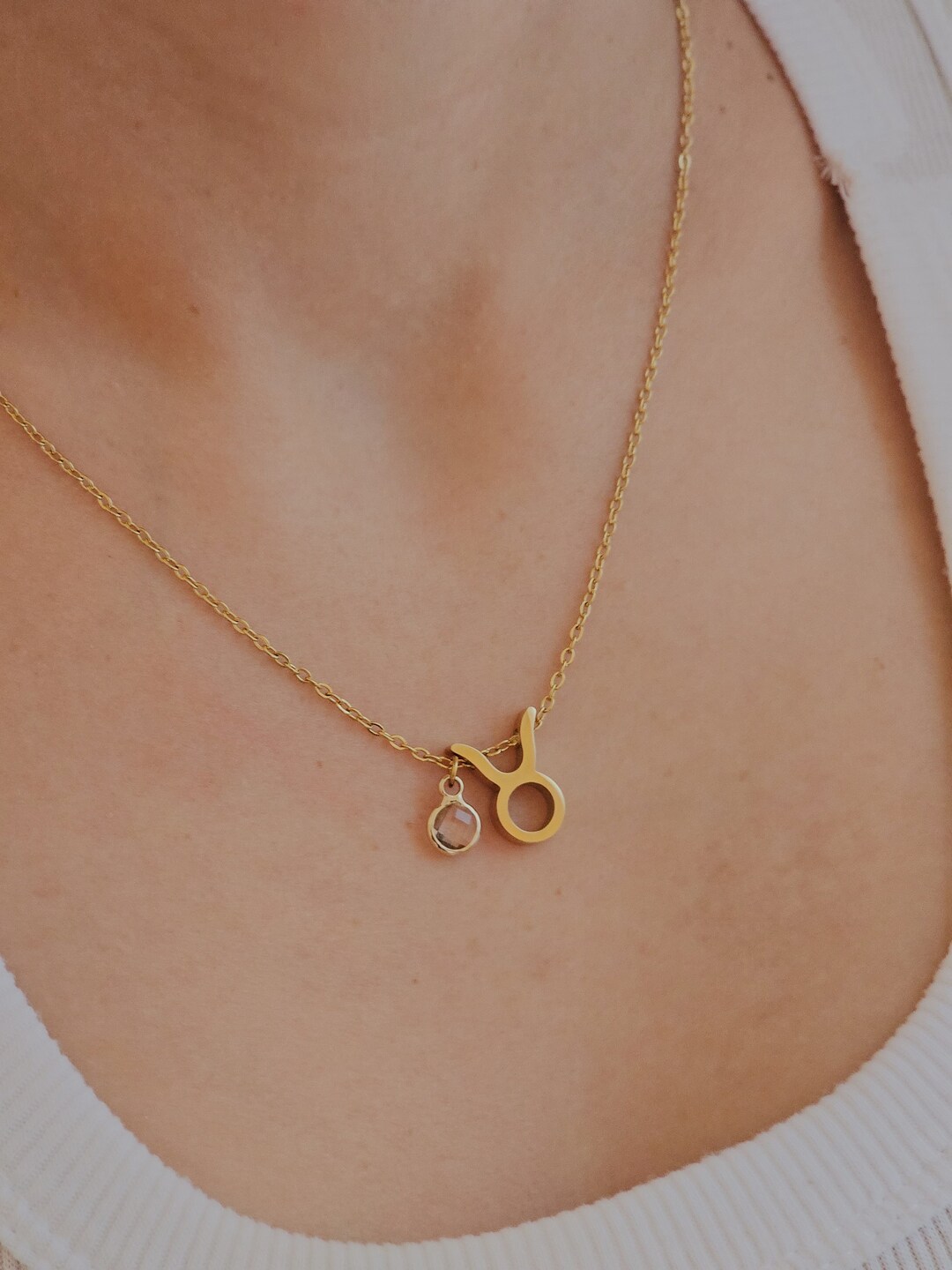 18K Gold Filled Zodiac Pendant With Birthstone Necklace, Stainless