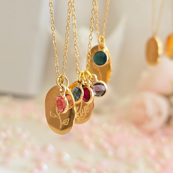 Gold Vintage Birth Month Flower Necklace Birthstone Necklace  Flower Charm Oval Zodiac Rose Floral Pendant Jewelry Birthday Gift for Her