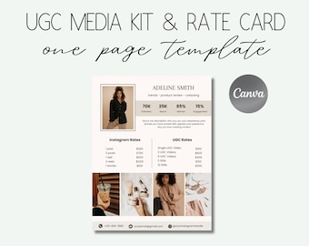 1 Page UGC Media Kit Template | UGC Creator Media Kit Template | UGC Rate Card | Editable Canva Template