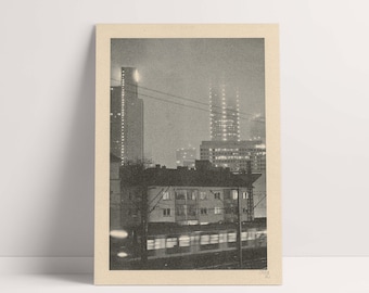 A3 - Film-Photography Risoprint - Motive: Frankfurt Skyline at Night in Germany - Ilford Delta 3200 - 12x17 inch - Handmade Wallprint