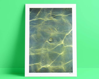 A3 - Film-fotografie Risoprint - Motief: Groene schelp met zonnestralen onder water - FLICFILM Elektra - 12x17 inch - Handgemaakte muurafdruk