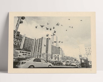 May include: A black and white photograph of a city street with tall buildings and a flock of birds flying overhead. The text "Mission Central Market House" is visible on a building in the foreground.