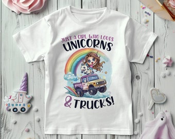 Kids Just A Girl Who Loves Unicorns And Trucks T Shirt Personalised Funny Car Truck Birthday Niece Daughter Granddaughter Sister Gift Top