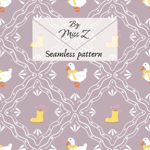 Patrón vintage sin costuras de pato y botas de lluvia: fondo morado, marcos cuadrados ornamentados, papel digital para guardería.