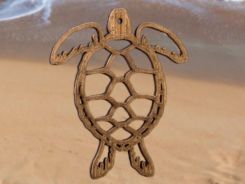 Sea Turtle Hanging Ornament, Laser Cut Plywood With Water Based Stain