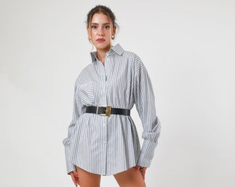 Women's shirt dress with pockets and buttons,80s Long Sleeve Shirt,White and Black Stripes Top,Soft Blouse, Boyfriend Shirt