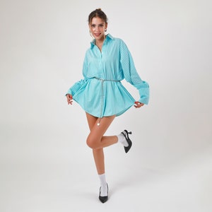 Turquoise Striped Boyfriend Shirt,Teal Long Sleeve Shirt Dress,Elegant and Aesthetic,Women Polo Collar Top. image 2