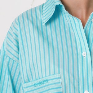 Turquoise Striped Boyfriend Shirt,Teal Long Sleeve Shirt Dress,Elegant and Aesthetic,Women Polo Collar Top. image 9