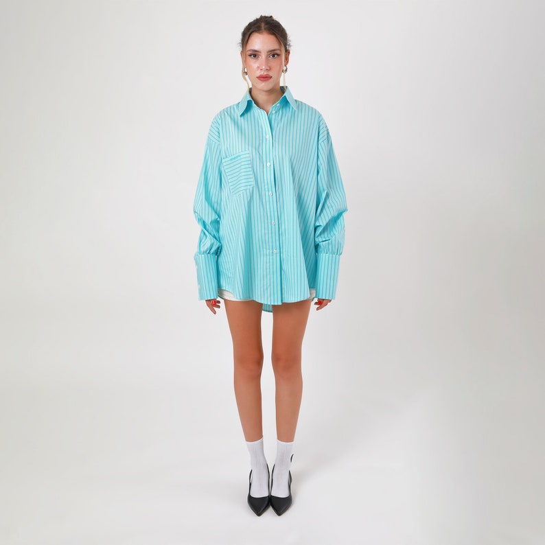 Turquoise Striped Boyfriend Shirt,Teal Long Sleeve Shirt Dress,Elegant and Aesthetic,Women Polo Collar Top. image 3