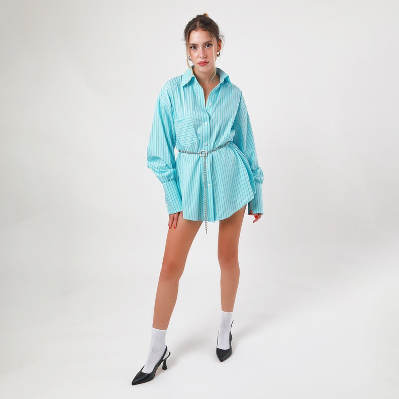 Turquoise Striped Boyfriend Shirt,Teal Long Sleeve Shirt Dress,Elegant and Aesthetic,Women Polo Collar Top. image 7