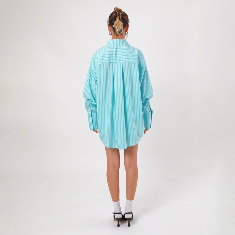 Turquoise Striped Boyfriend Shirt,Teal Long Sleeve Shirt Dress,Elegant and Aesthetic,Women Polo Collar Top. image 6
