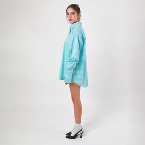 Turquoise Striped Boyfriend Shirt,Teal Long Sleeve Shirt Dress,Elegant and Aesthetic,Women Polo Collar Top. image 5