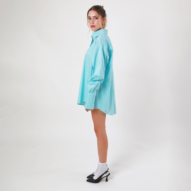 Turquoise Striped Boyfriend Shirt,Teal Long Sleeve Shirt Dress,Elegant and Aesthetic,Women Polo Collar Top. image 5