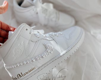 Nike all white Air Jordan Mid Wedding Sneakers for Bride