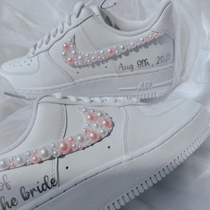 Wedding Shoes Custom Nike Air Force Shadow Sneakers for Bride with White Pink Pearls – Personalized Bridal Sneakers