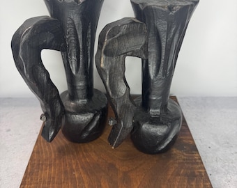 Vintage Brutalist Carved Wooden Pair of Pillar Candle holders Made in Spain Handmade