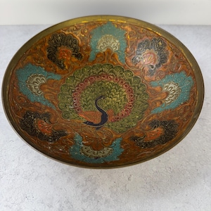 Vintage Hand painted Enamel Brass Peacock India bowl Glows under UV