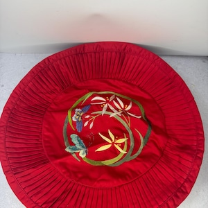 Vintage Chinese Oriental Red Embroidered Silk Round Pillow Cover Butterfly Flower 17&quot;
