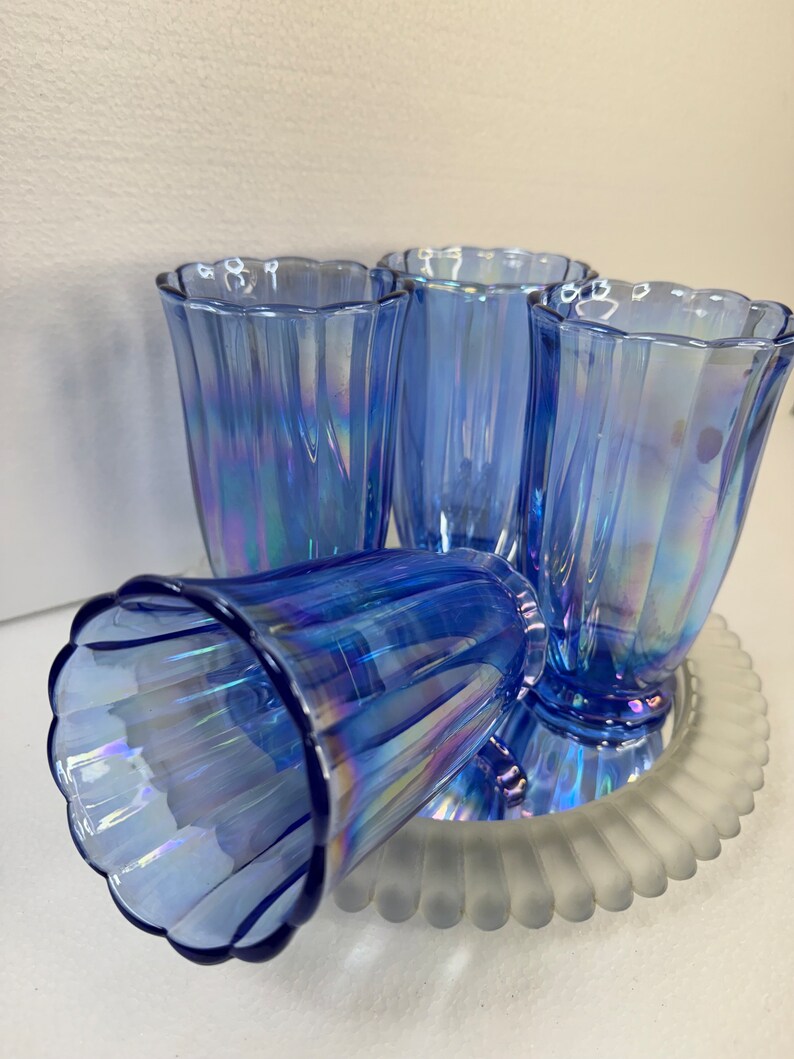 Set of 4 the Pioneer Women Blue Iridescent Glass Tumblers Goblets 6