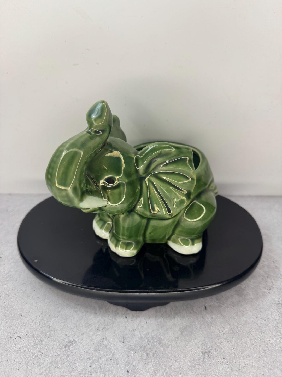 Vintage MCM Majolica Inspired Green Trunk up Elephant Planter - Etsy