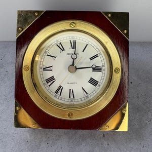 Vintage MCM Japan Seiko Quartz Brass Wood accents Desk Mantle Clock