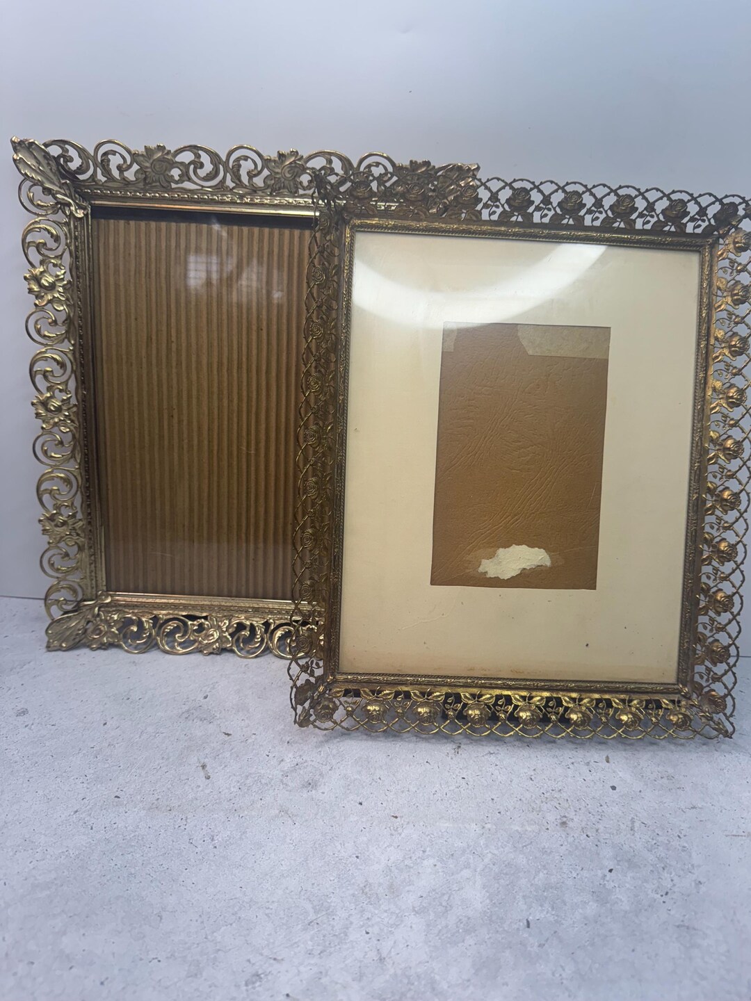 Vintage Pair Gold Filigree Metal Ornate Scroll Roses Picture Frames ...
