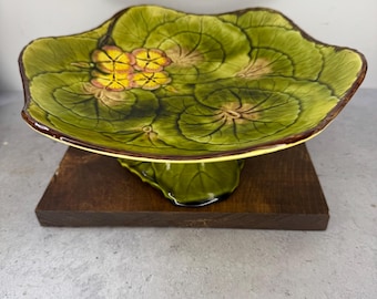Assiette à gâteau en faïence florale verte jaune poterie Cico Allemagne vintage
