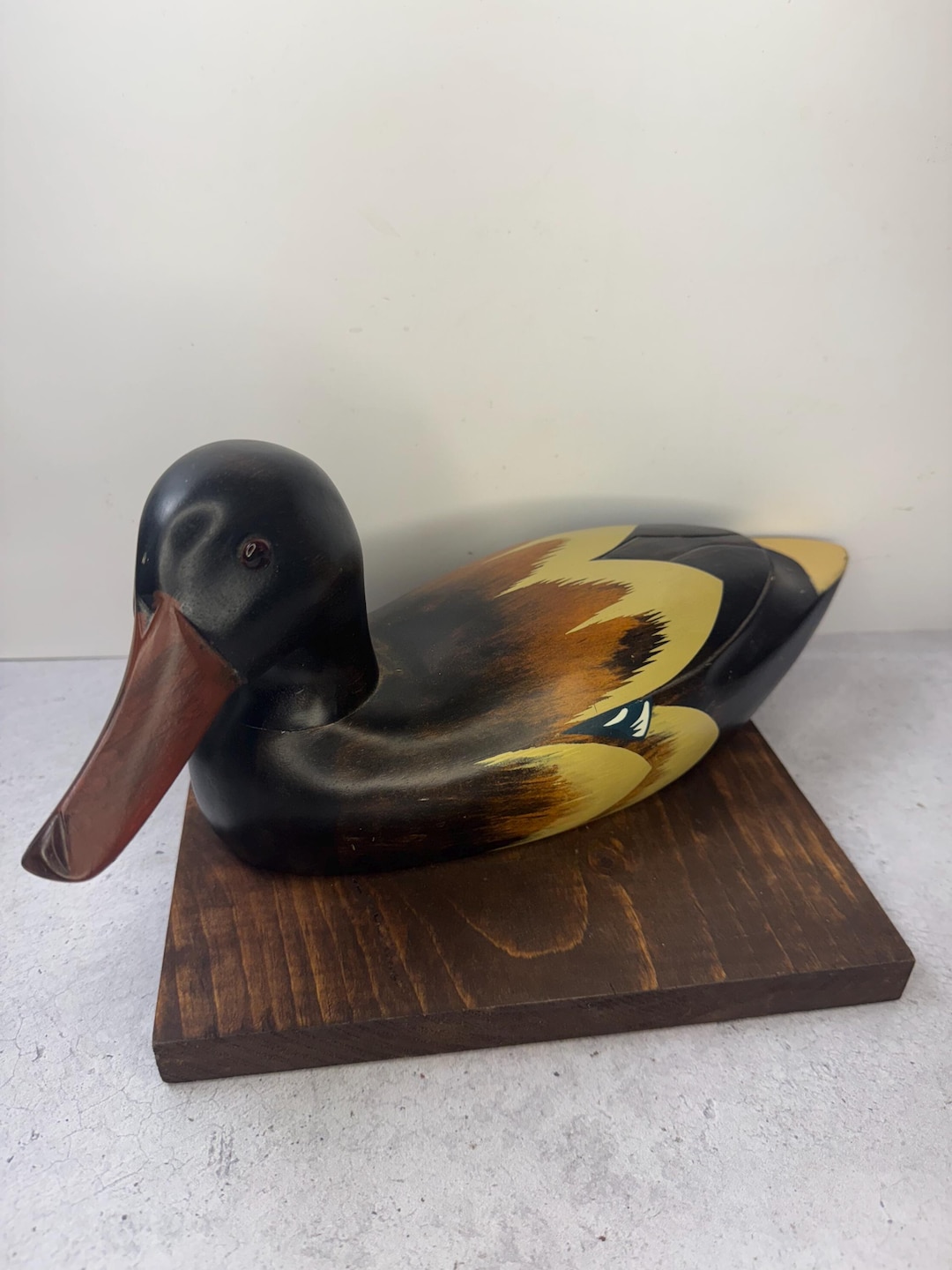 Vintage Hand Painted Hand Carved Wooden Mallard Duck Figurine 1Decoy Made in Taiwan 13.75"