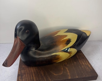 Vintage Hand Painted  Hand Carved Wooden Mallard Duck Figurine 1Decoy Made in Taiwan 13.75"