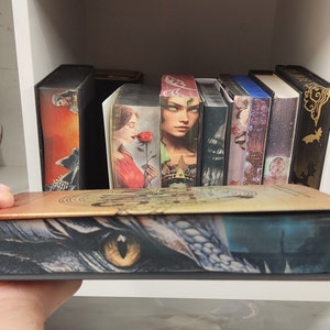Op de afbeelding: Een boekenplank met een verscheidenheid aan boeken, waaronder een boek met een draak op de omslag. De boeken zijn in een rij gerangschikt, met het drakenboek onderaan.