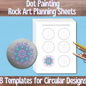 Pode incluir: Oito modelos imprimíveis para projetos de arte de pintura de pontos em rocha. Os modelos apresentam círculos com diferentes padrões de grade para criar mandalas circulares. Uma rocha pintada com um design de mandala roxo, rosa e verde é mostrada.