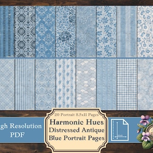 Harmonic Hues Blue Paper Pack - Printable Portrait Pages | Vintage Digital Paper for Junk Journals & Scrapbooks