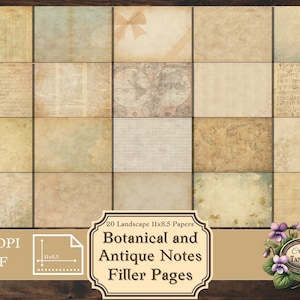 Könnte beinhalten: Ein Set mit 20 digitalen Hintergrundpapieren im Querformat, mit den Maßen 27,9 cm x 21,6 cm. Die Papiere haben ein botanisches und antikes Thema mit verschiedenen Texturen und Mustern. Die Papiere haben eine Auflösung von 300 DPI und sind im PDF-Format. Der Text "Botanical and Antique Notes Filler Pages" ist auf dem Bild zu sehen.