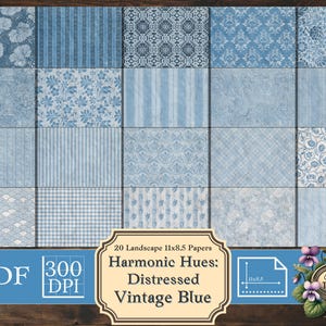 Harmonic Hues - Distressed Vintage Blue Digital Paper Pack – 20 Landscape Junk Journal Pages | 11x8.5 PDF | Crafting Tangents