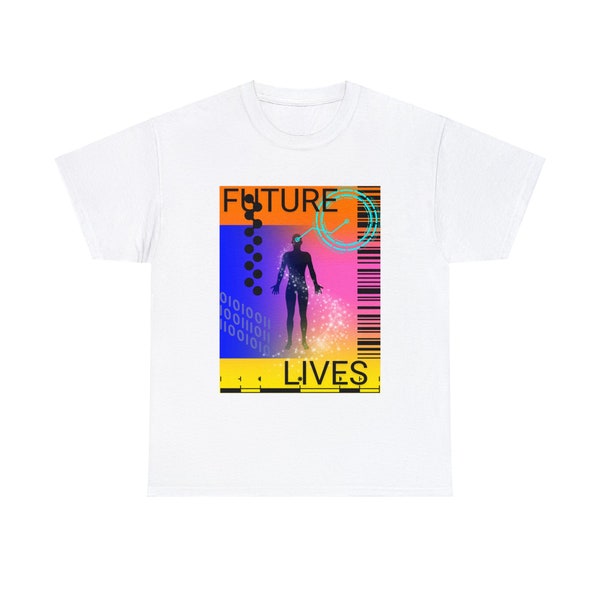 T-shirt de fan de science-fiction Future Lives. T-shirt cool design par ordinateur. L'homme coloré rencontre le haut de la technologie. Chemise de lavage de cerveau Dystopian Outlook.