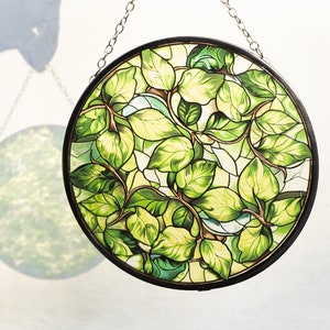 Green Leaves Stained Glass Suncatcher, Home Window Decor, Botanical Gift for Mom or Grandma, Leafy Hanging Ornament, Summer Art Glass Gift