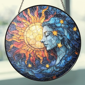 Mystical Suncatcher with Sun and Celestial Night, Yule Ornament Gift, Fantasy Gift Home Decor, Christmas Eve Gift, Pagan Winter Decorations