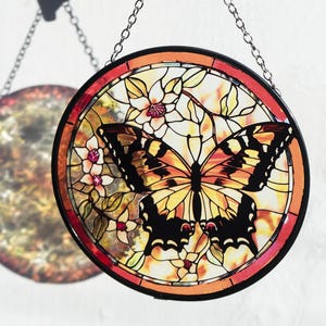 Butterfly Stained Glass Suncatcher, Floral Window Hanging, Handmade Insect Glass Panel, Monarch Butterfly Suncatcher Decor, Summer Glass Art