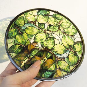 Summer Stained Glass Window Hangings, Plant Leaves Suncatcher, Greenery Window Decor, Forest Glass Decor, Glass Gift for Hostess, Home Decor