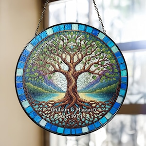 Wedding Anniversary Keepsake with Names, Personalized Tree of Life Glass Suncatcher, Custom Couple Gift, Celtic Decor