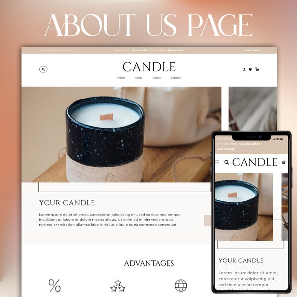 Minimalist Shopify Website Template, Editable Banners, Scented Candles Online Store Website Design, Customizable Colors Shopify Theme