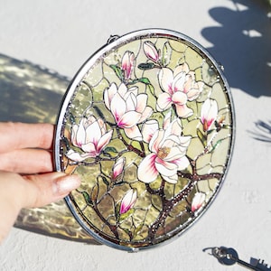 Magnolia stained glass, White flowers suncatcher, Window hangings decor, Sun catcher gift for mom, Elegant glass ornament, Gift for hostess